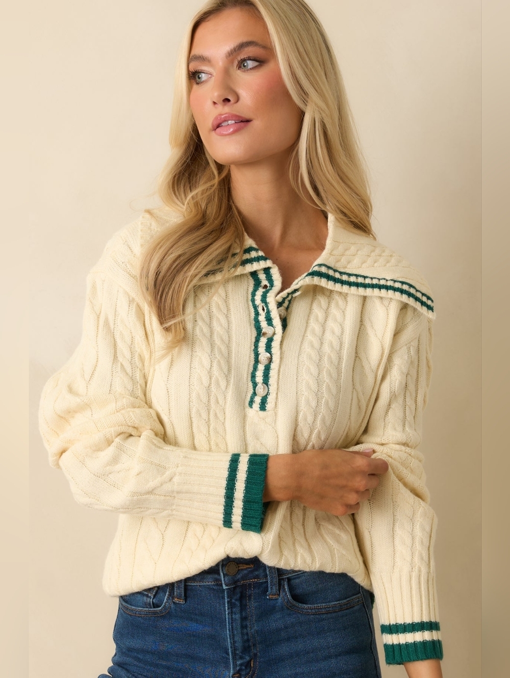 Cream Cable Knit Sweater with Green Trim
